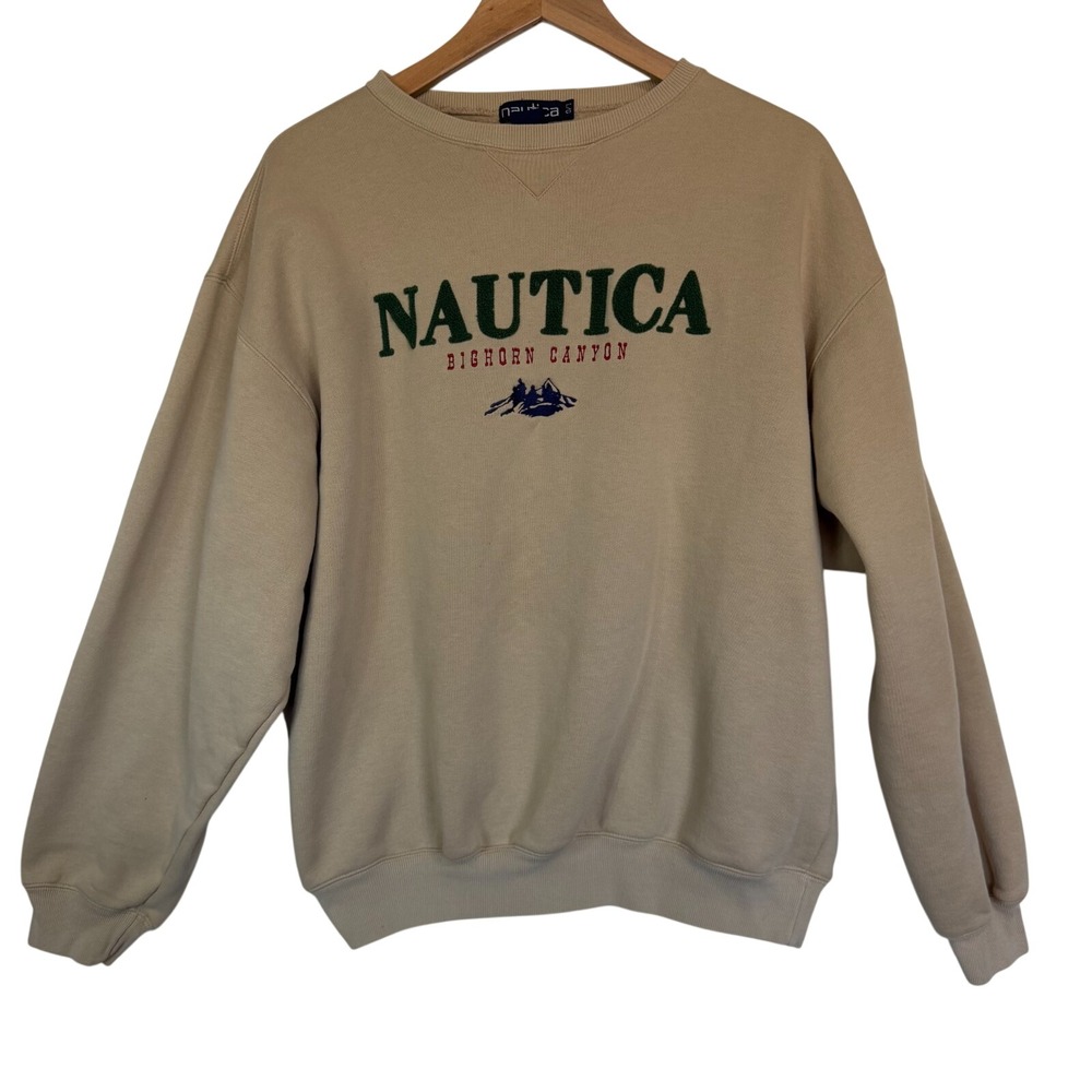 Nautica Sweatshirt Mens Large Tan Bighorn Canyon Embroidered Vintage Crewneck